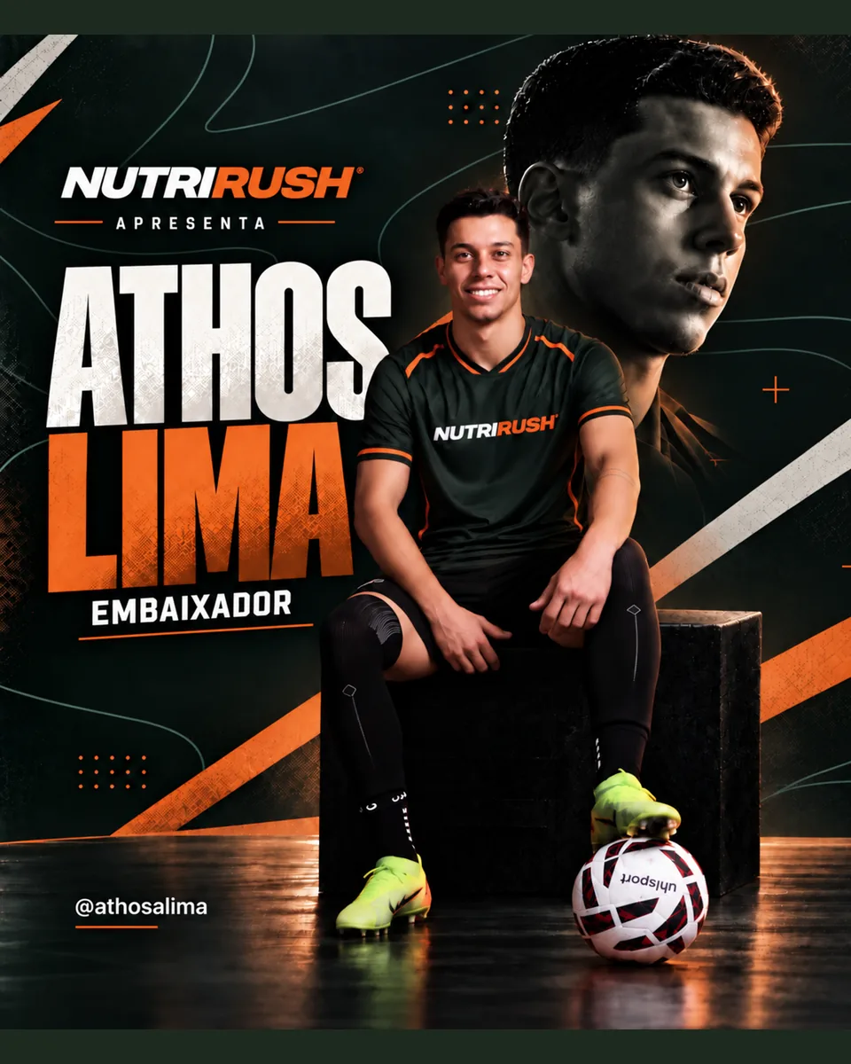 Arte de apresentação de Athos Lima como embaixador NUTRIRUSH