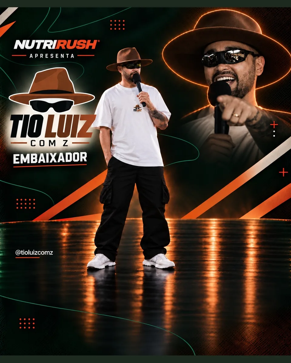 Arte de apresentação de Tio Luiz com Z como embaixador NUTRIRUSH