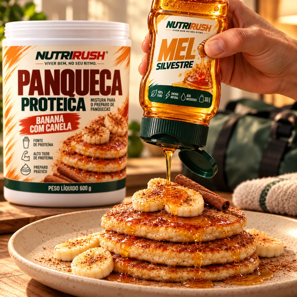 Mãos servindo mel silvestre sobre panquecas de banana com canela