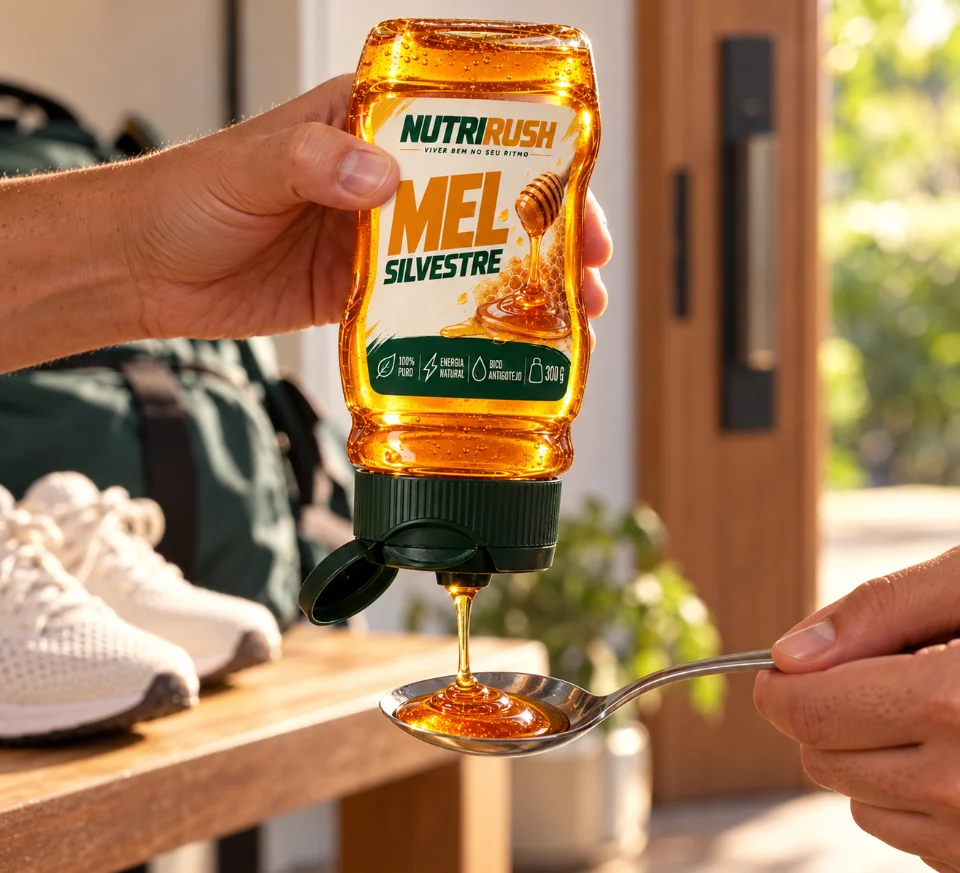 Mãos servindo mel silvestre de 300 g numa colher